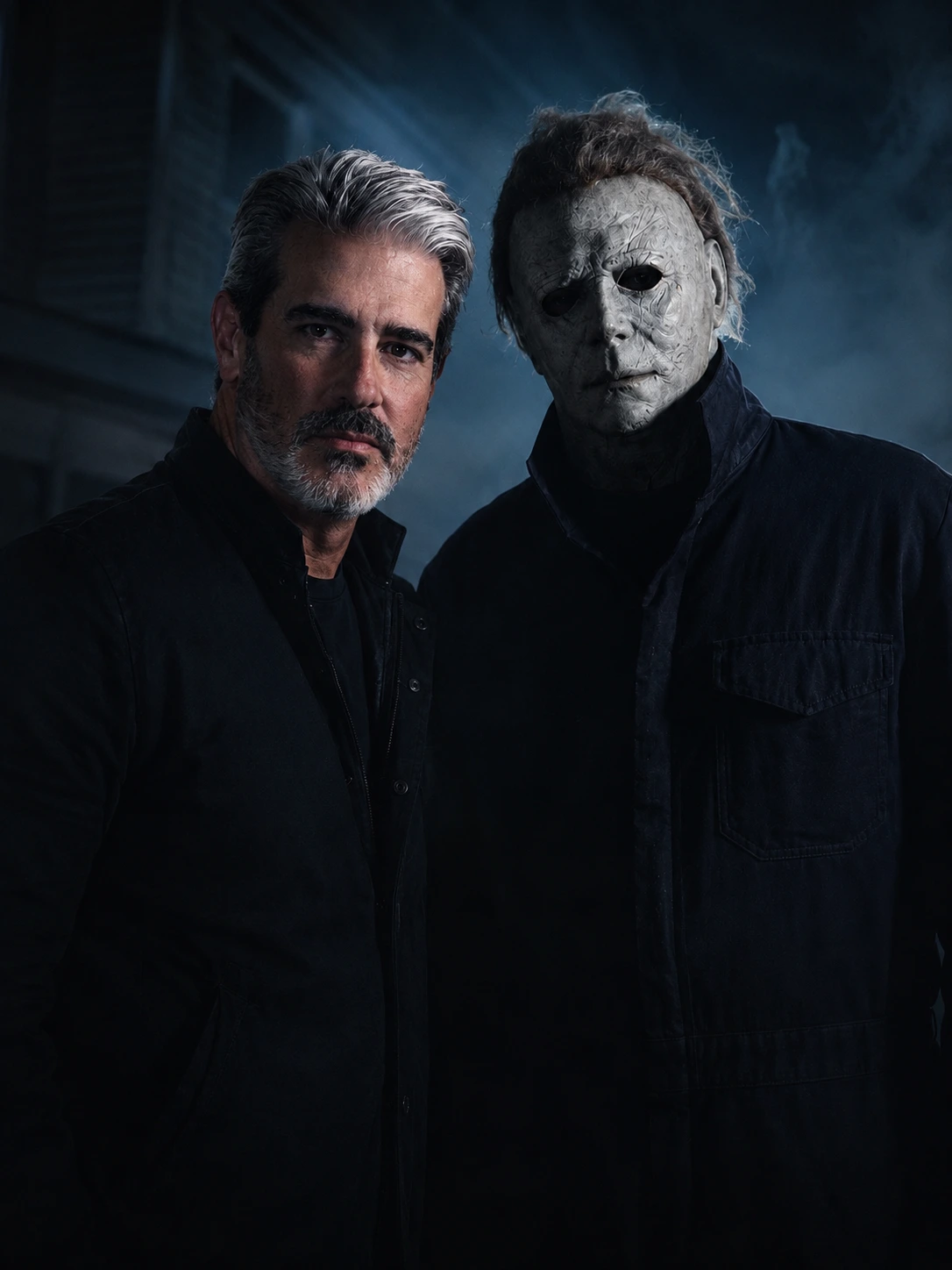 Robert Zappia standing beside Michael Myers, lit against a night-blue sky